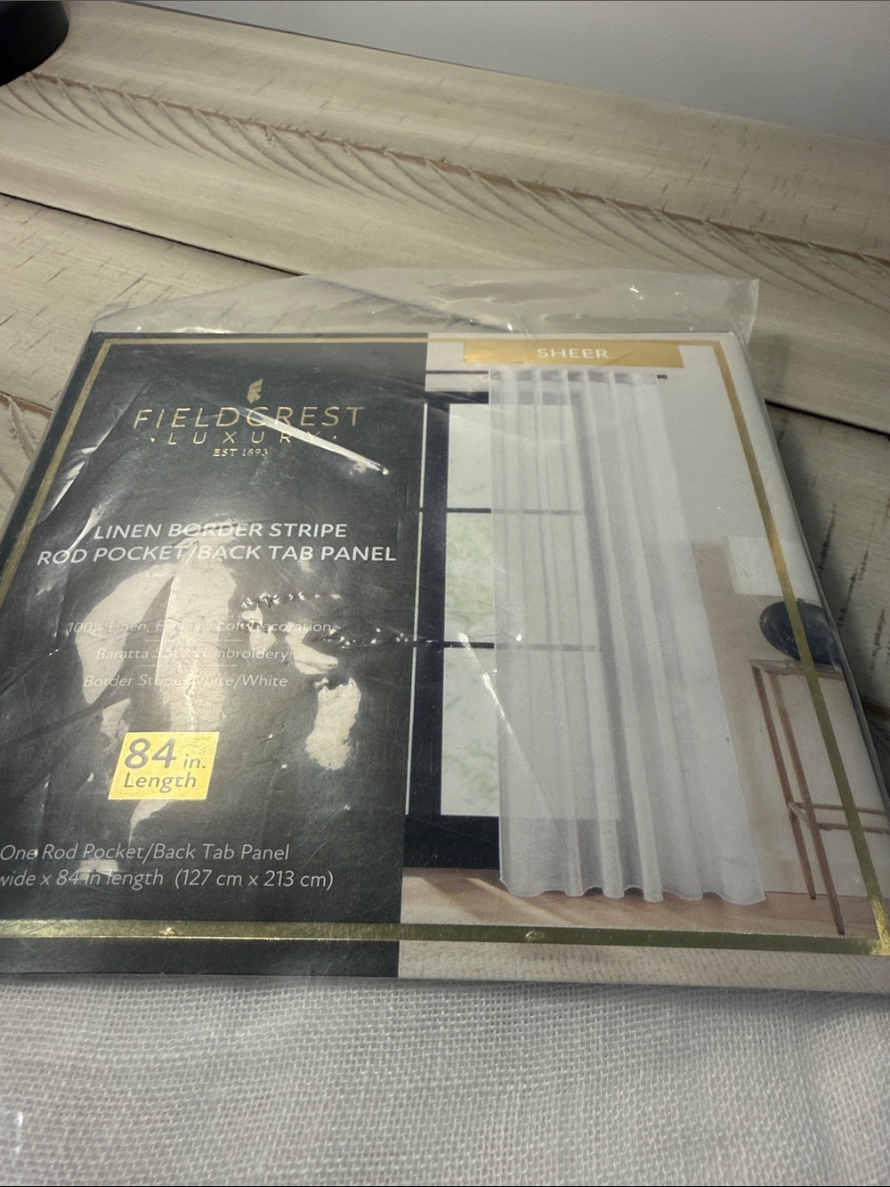 Fieldcrest White Sheer Linen Border Stripe Curtain Panel